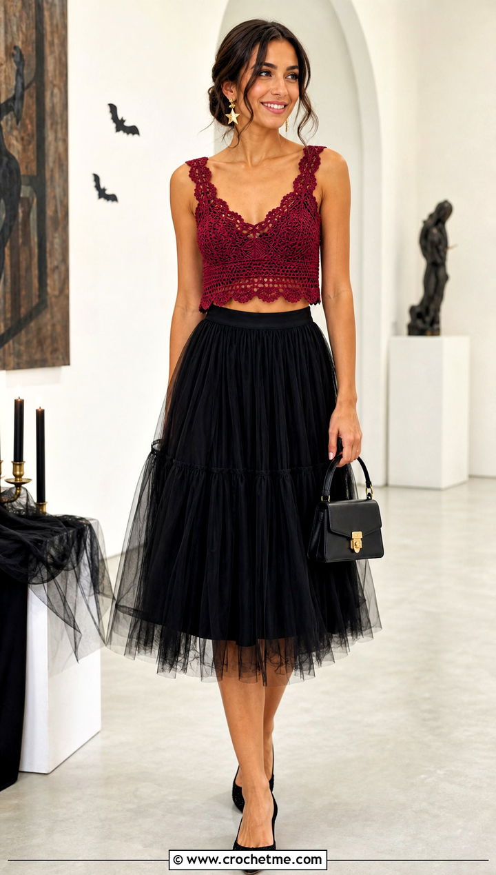 Scalloped Crochet Crop Top With Tulle Skirt - 20 halloween crochet crop top outfit ideas