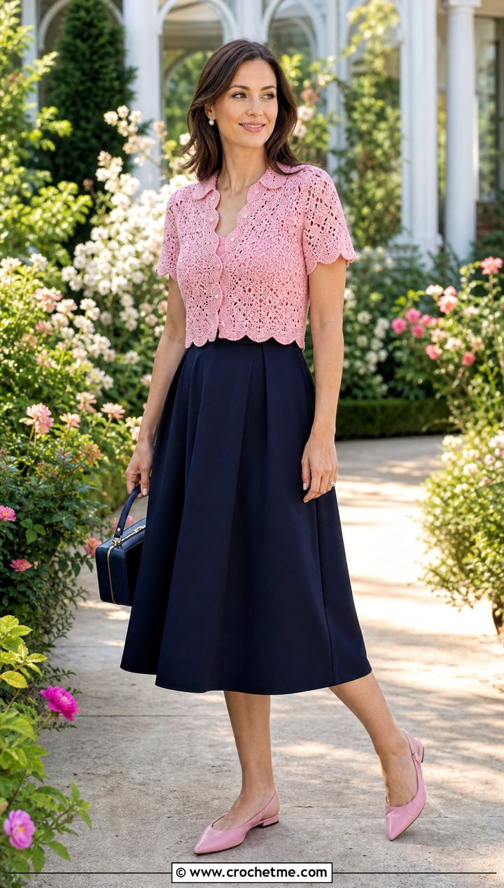 Scalloped Crochet Cropped Shirt With A Line Midi Skirt - 30 crochet cropped shirt outfit ideas