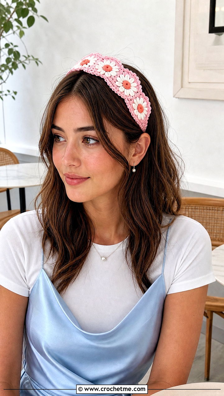 Scalloped Crochet Daisy Headband With Slip Dress - 25 Crochet Daisy Headband outfit ideas