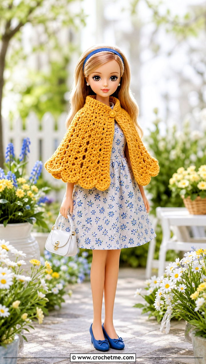 Scalloped Crochet Doll Cape With Floral Dress - 25 Crochet Doll Cape outfit ideas