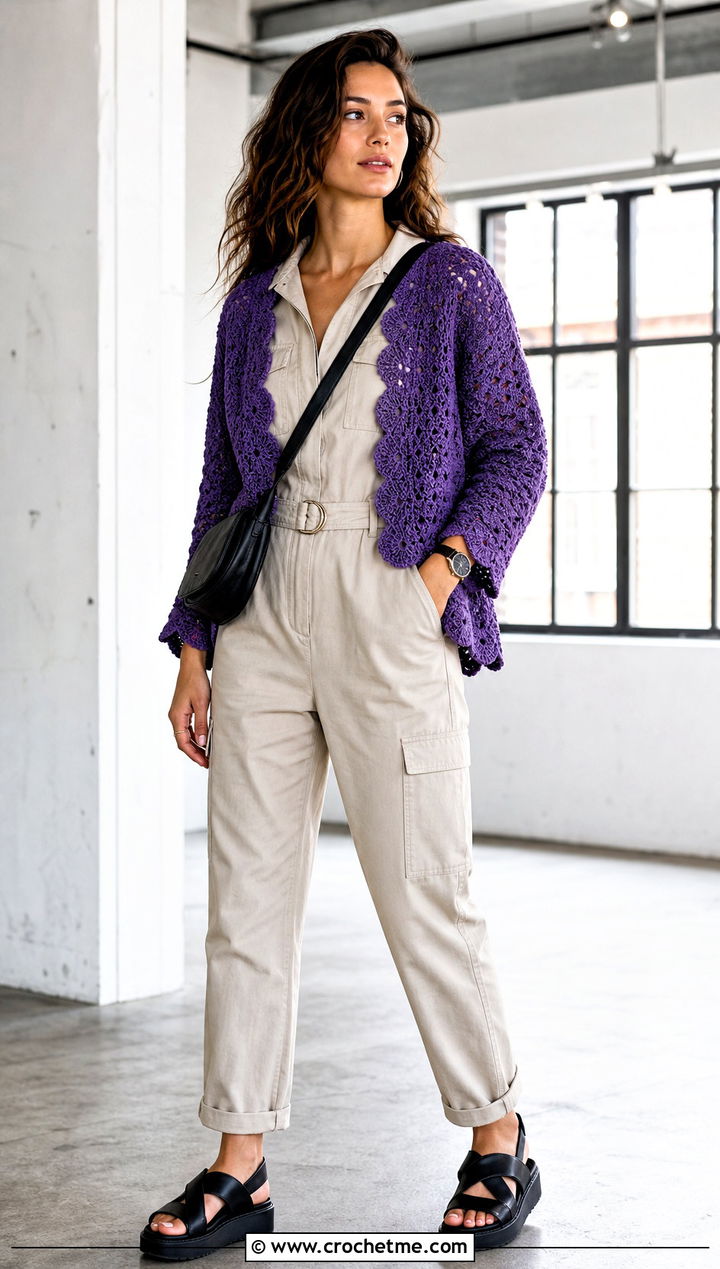 Scalloped Crochet Doll Cardigan With Utility Jumpsuit - 30 crochet doll cardigan outfit ideas