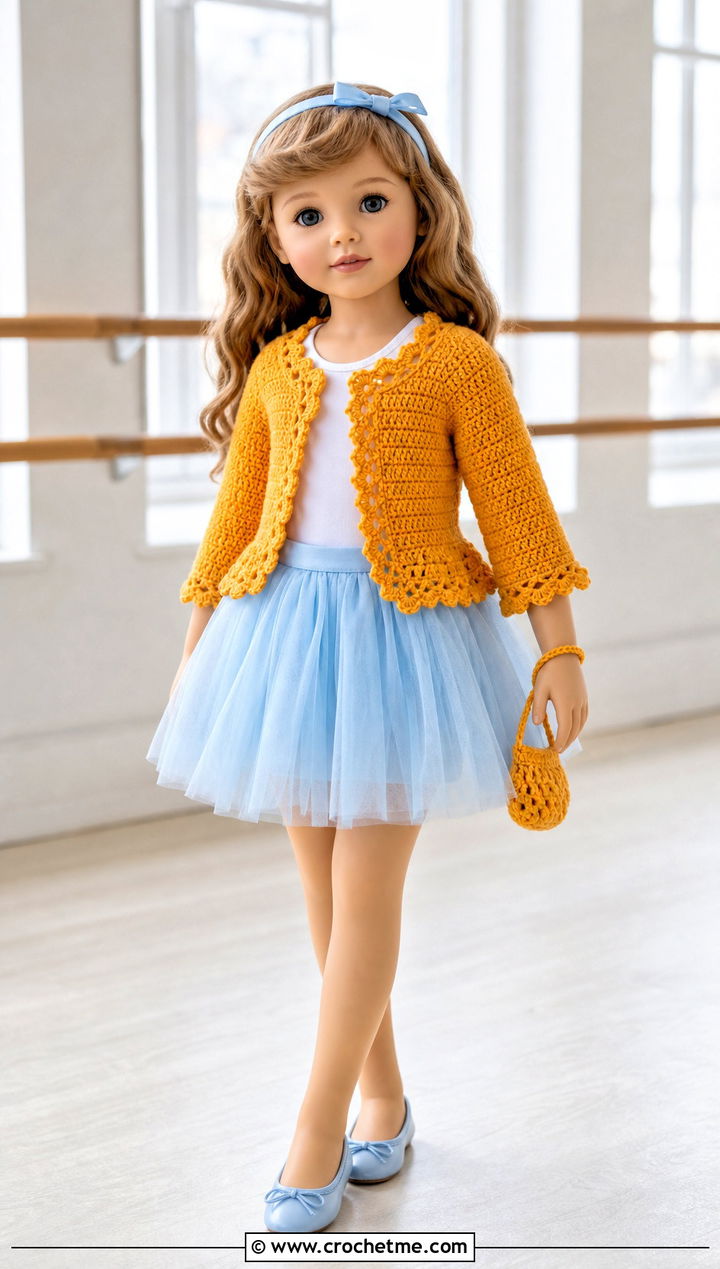 Scalloped Crochet Doll Jacket With A Tulle Skirt - 30 crochet doll jacket outfit ideas