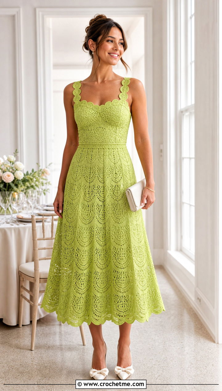 Scalloped Crochet Dress With Bow Pumps - 35 Formal Crochet Dress outfit ideas