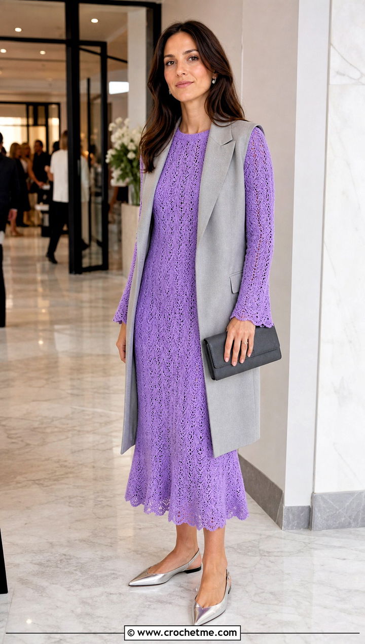 Scalloped Crochet Dress With Longline Waistcoat - 30 modest crochet dress outfit ideas