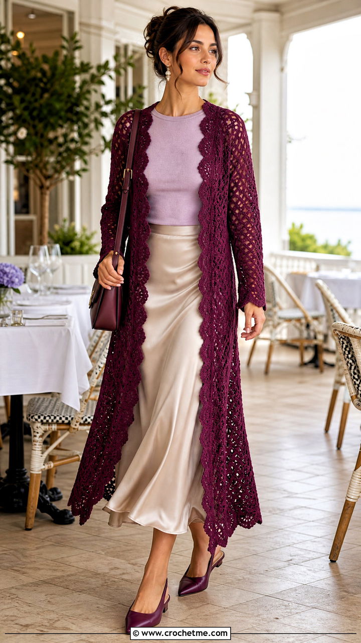 Scalloped Crochet Duster Cardigan With Satin Skirt - 35 crochet duster cardigan outfit ideas