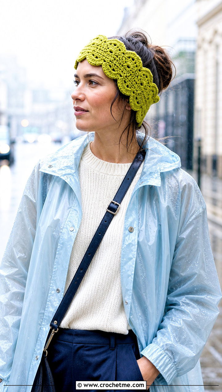 Scalloped Crochet Ear Warmer With Raincoat - 20 Crochet Headband Ear Warmers outfit ideas