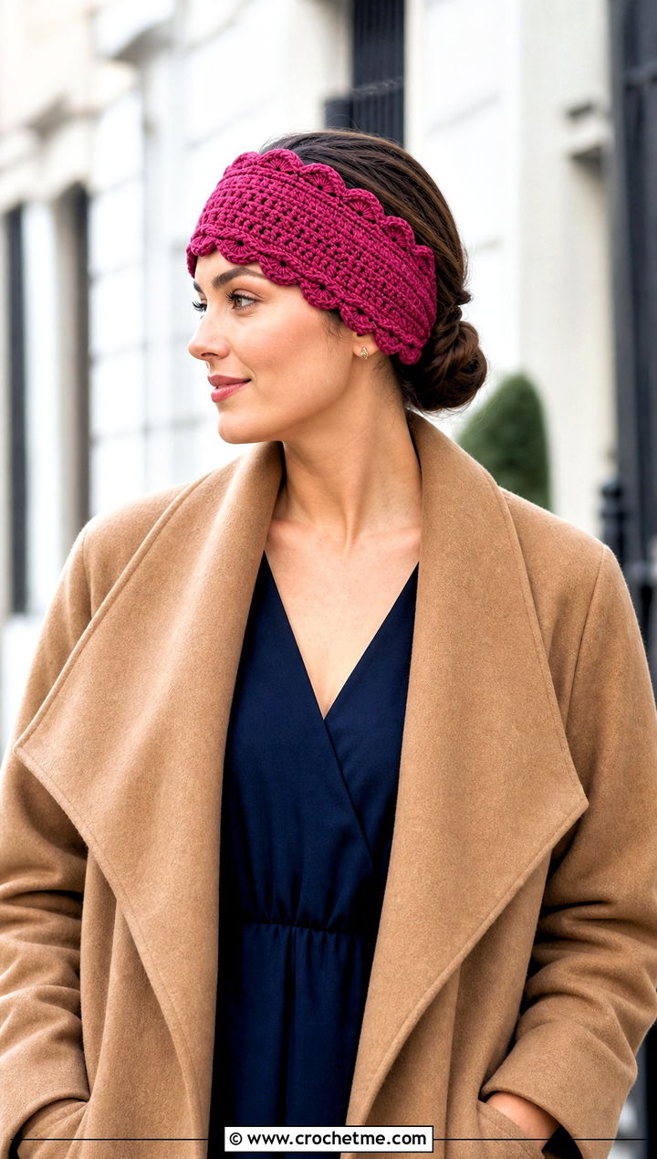 Scalloped Crochet Ear Warmer With Wrap Coat and Midi Dress - 25 Simple Crochet Ear Warmer outfit ideas