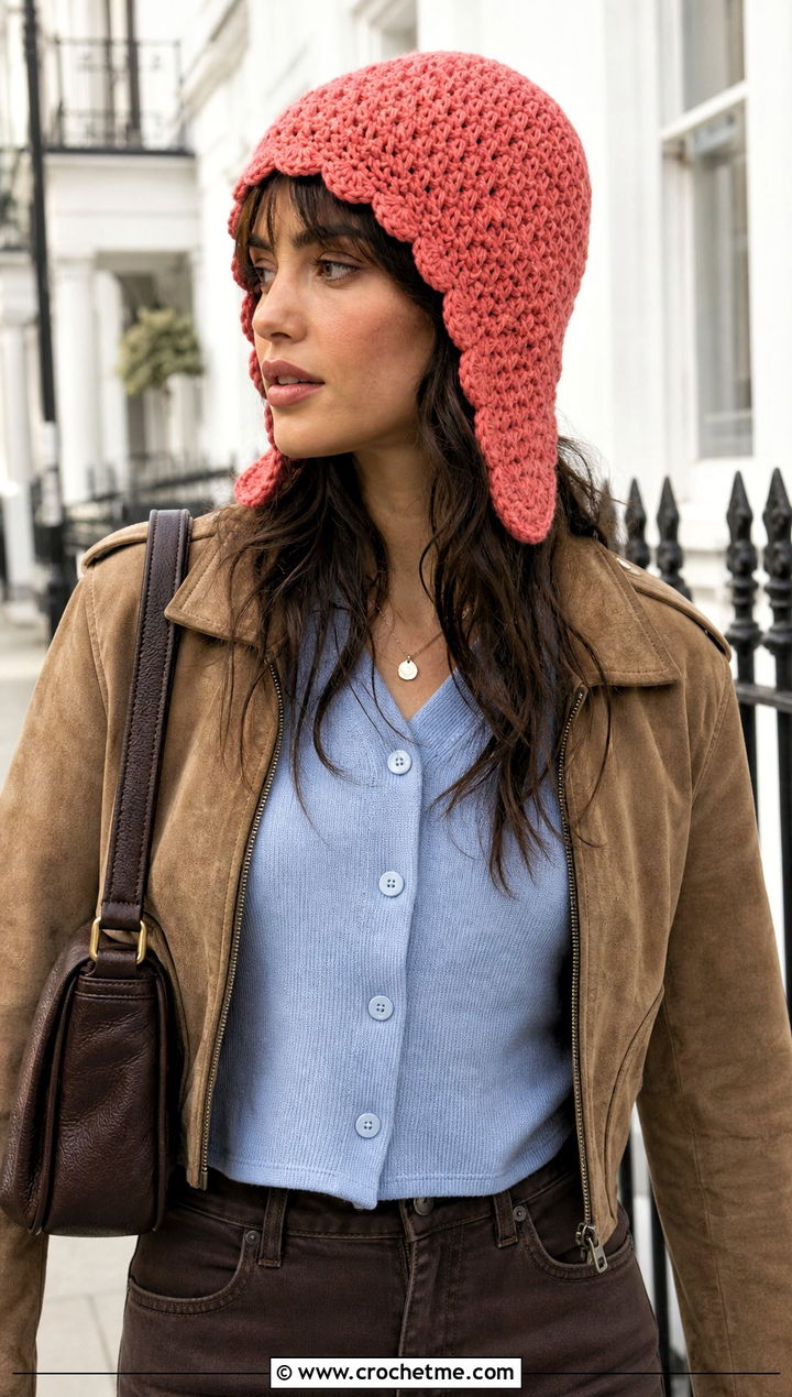 Scalloped Crochet Earflap Beanie With Cardigan And Jeans - 15 Crochet Beanie With Earflaps outfit ideas