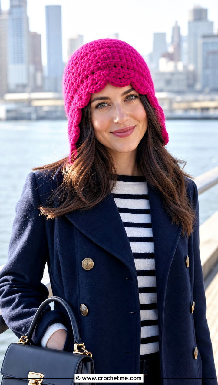 Scalloped Crochet Earflap Beanie With Peacoat - 30 crochet earflap beanie outfit ideas