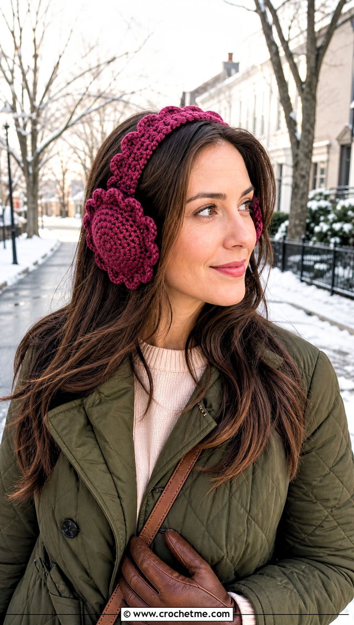 Scalloped Crochet Earmuffs Headband With Quilted Coat - 25 Crochet Earmuffs Headband outfit ideas
