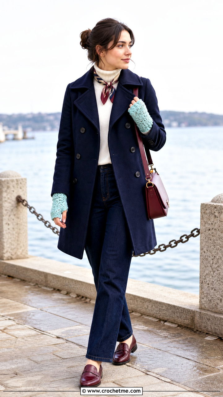 Scalloped Crochet Fingerless Gloves With Peacoat - 35 crochet hand warmers outfit ideas