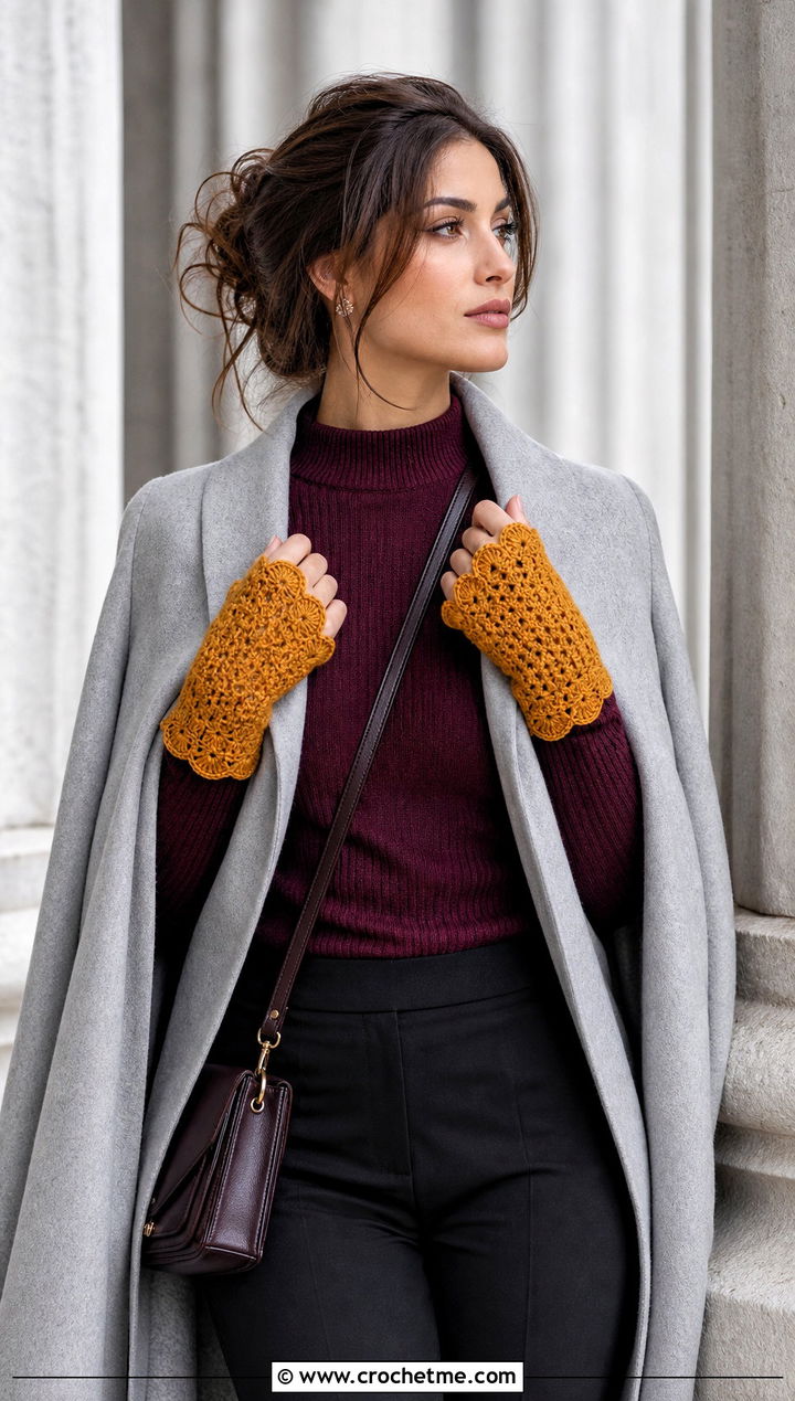Scalloped Crochet Fingerless Mittens With Cape Coat - 25 crochet fingerless mittens outfit ideas