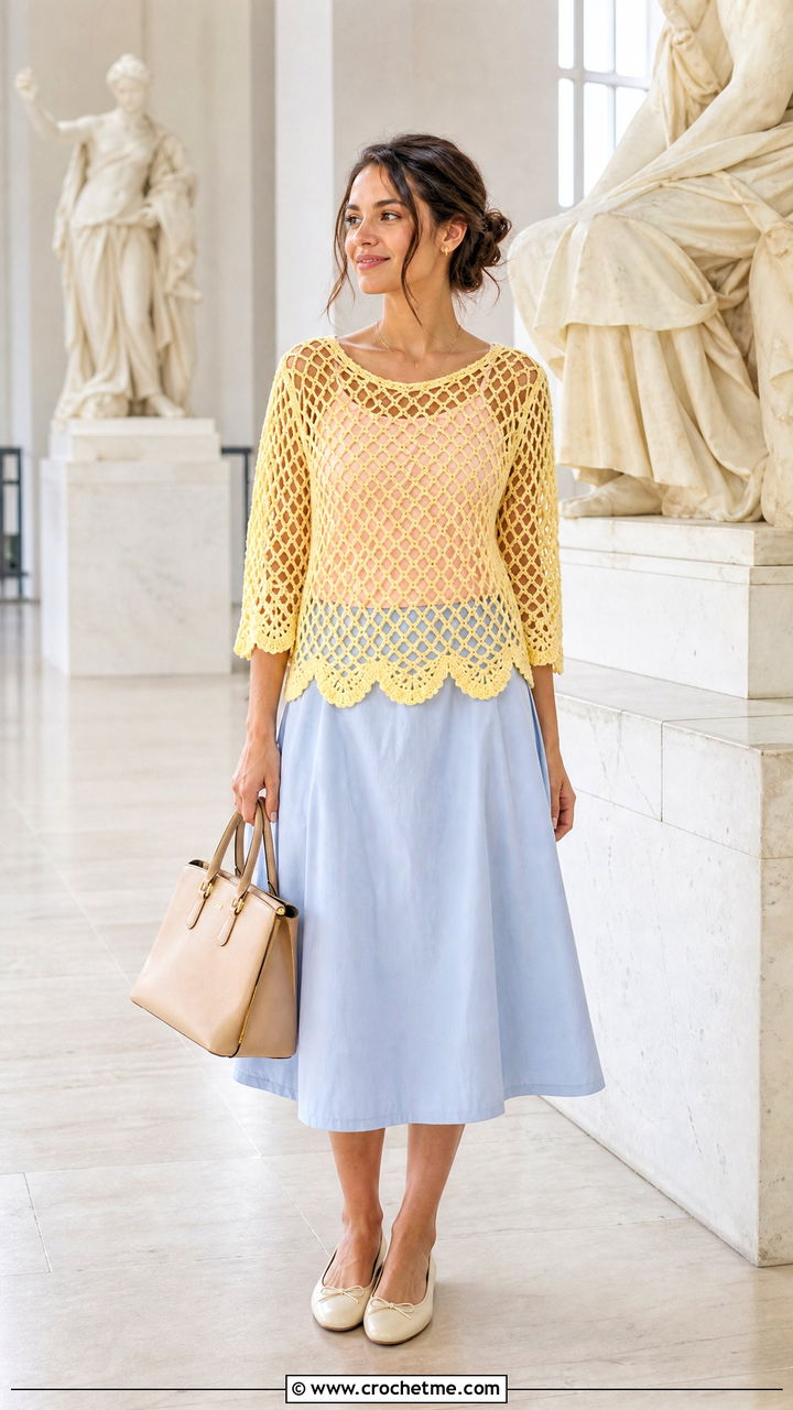 Scalloped Crochet Fishnet Top With A Line Midi Skirt - 35 crochet fishnet top outfit ideas
