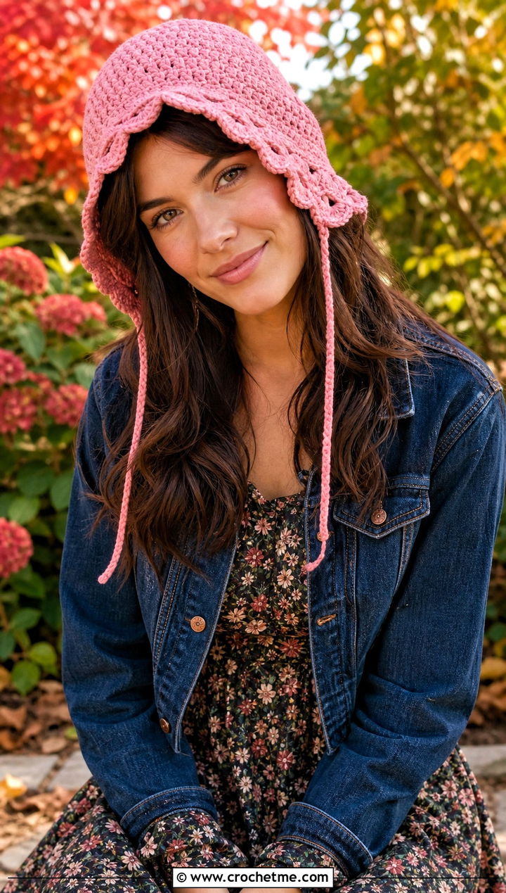 Scalloped Crochet Flap Hat With Floral Midi Dress - 30 crochet flap hat outfit ideas