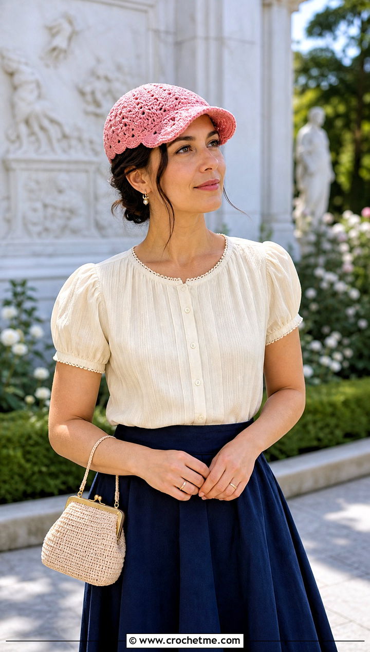 Scalloped Crochet Flat Cap With Blouse And A Line Skirt - 25 crochet flat cap outfit ideas