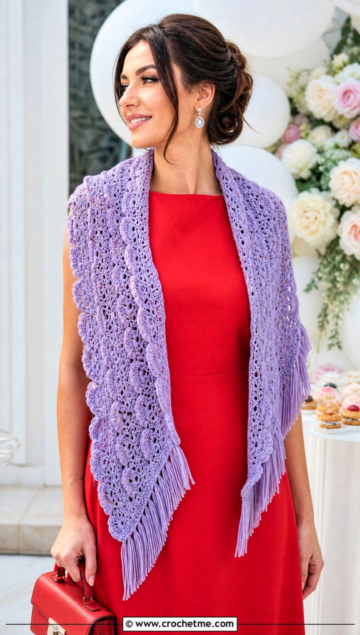 Scalloped Crochet Fringe Scarf With A Line Dress - 25 Crochet Scarf Fringe Ideas