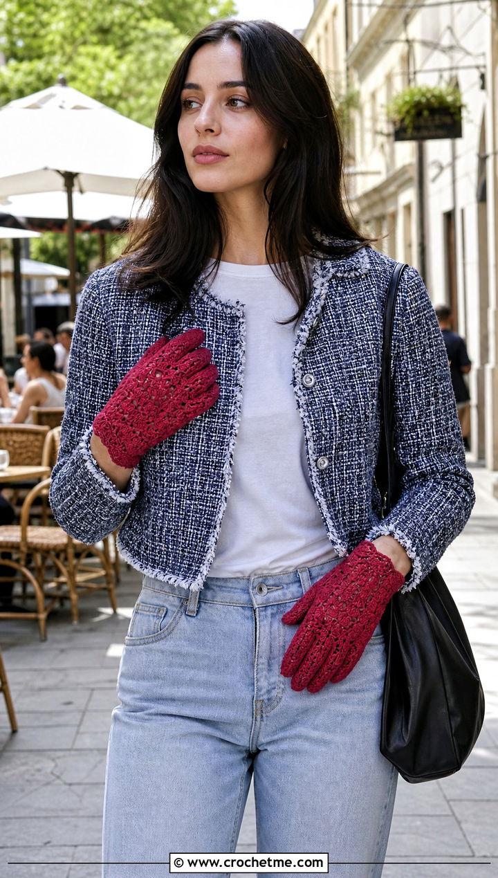 Scalloped Crochet Gloves With Tweed Jacket - 30 aesthetic crochet gloves outfit ideas