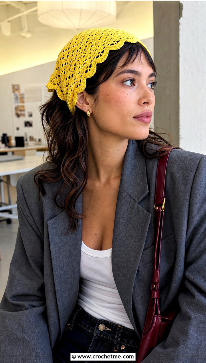 Scalloped Crochet Hair Cap With Blazer And Jeans - 15 crochet hair cap outfit ideas