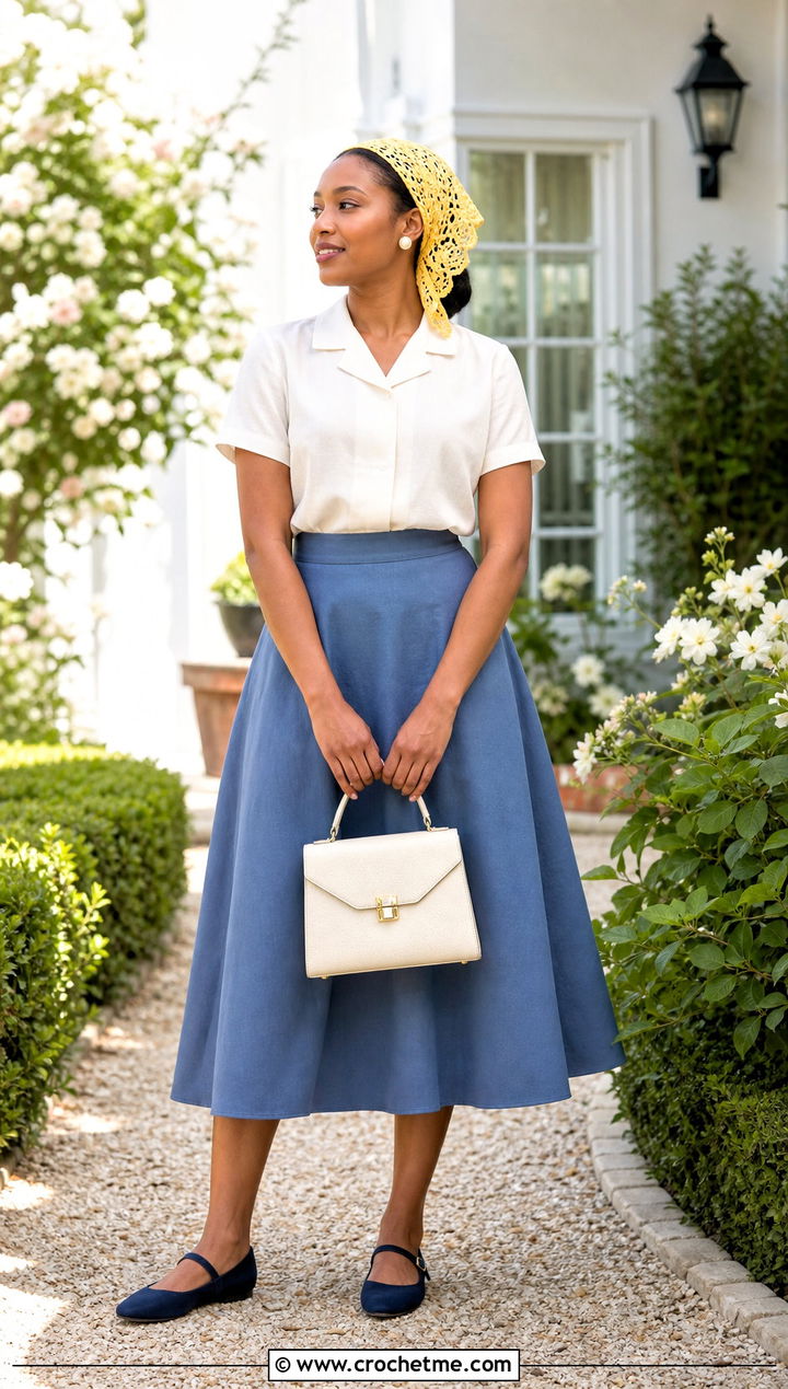 Scalloped Crochet Hair Wrap With Blouse And Midi Skirt - 35 crochet hair wrap outfit ideas