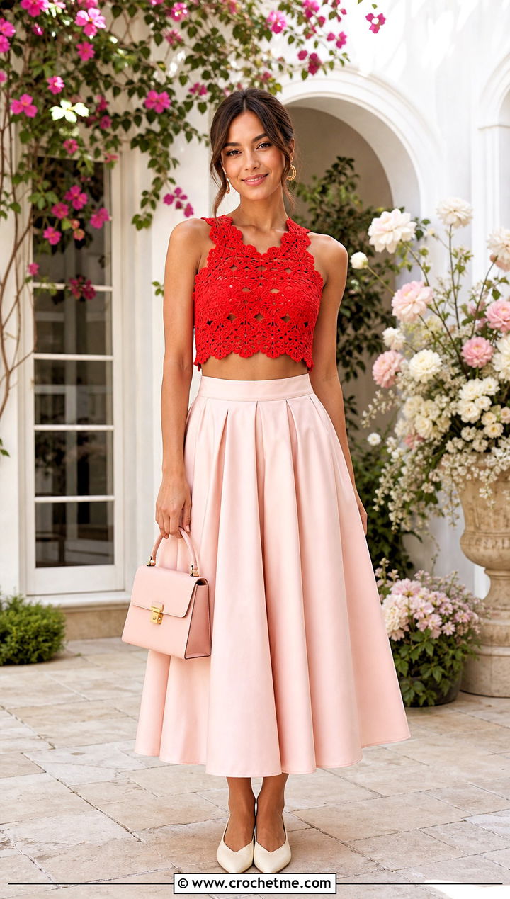 Scalloped Crochet Half Top With A Full Midi Skirt - 35 crochet half top outfit ideas