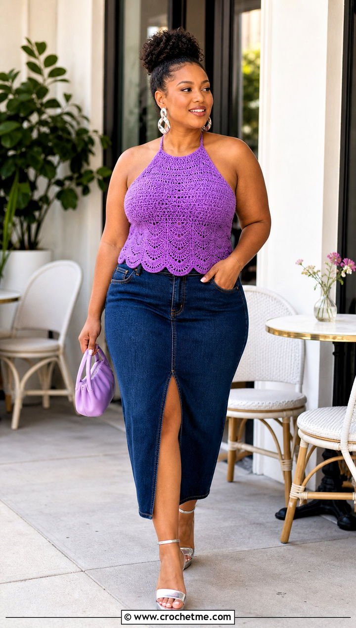 Scalloped Crochet Halter Top With Denim Midi Skirt - 30 plus size crochet halter top outfit ideas