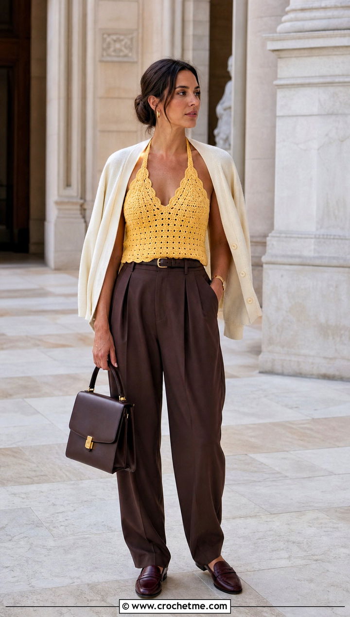 Scalloped Crochet Halter Top With Pleated Trousers - 15 crochet tops halter top outfit ideas