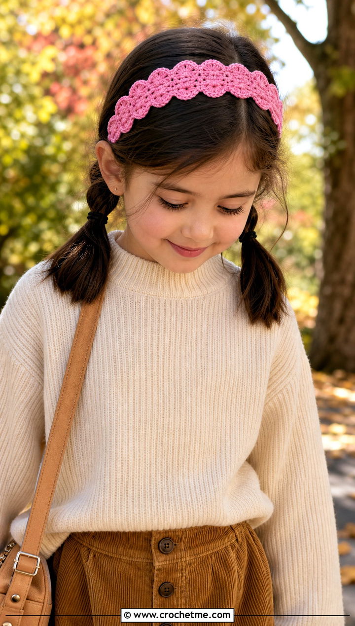 Scalloped Crochet Headband With Corduroy Skirt - 15 Childrens Crochet Headband outfit ideas