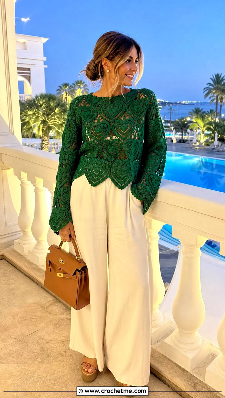 Scalloped Crochet Heart Sweater With Palazzo Pants - 35 crochet heart sweater outfit ideas