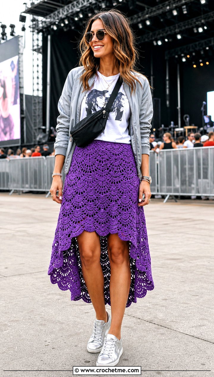 Scalloped Crochet High Low Skirt With Graphic T Shirt - 25 crochet high low skirt outfit ideas