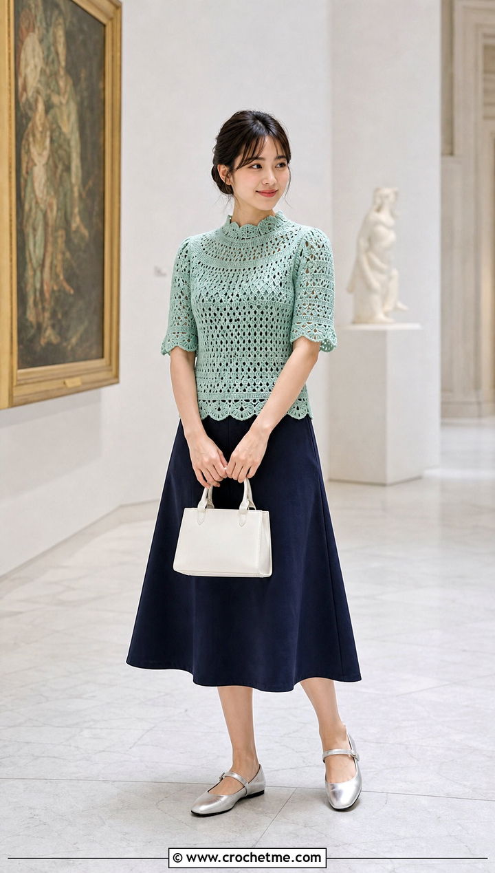 Scalloped Crochet High Neck Top With A Line Skirt - 35 crochet high neck top outfit ideas