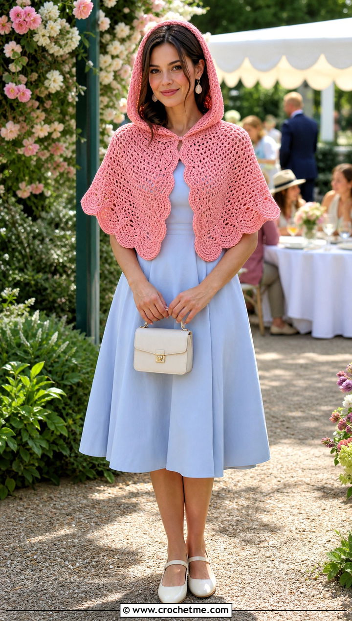 Scalloped Crochet Hooded Capelet With Tea Dress - 35 crochet hooded cape outfit ideas