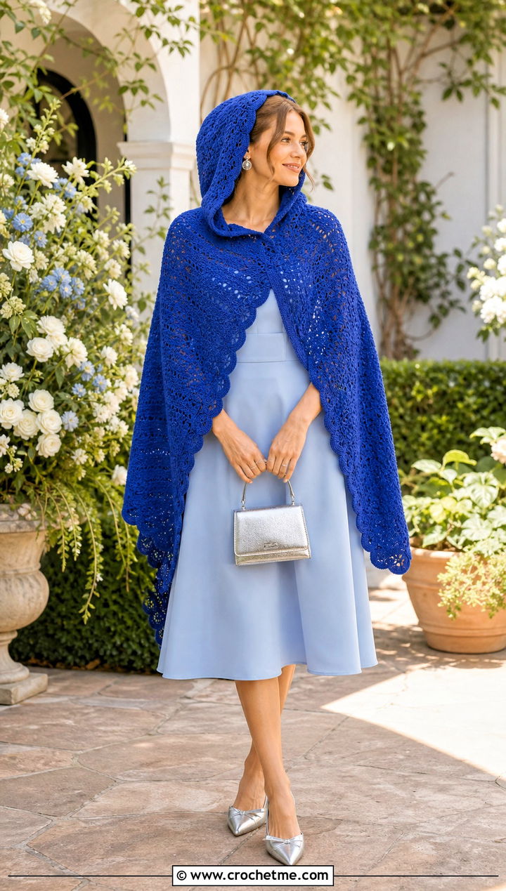 Scalloped Crochet Hooded Shawl With Fit And Flare Dress - 35 crochet hooded shawl outfit ideas