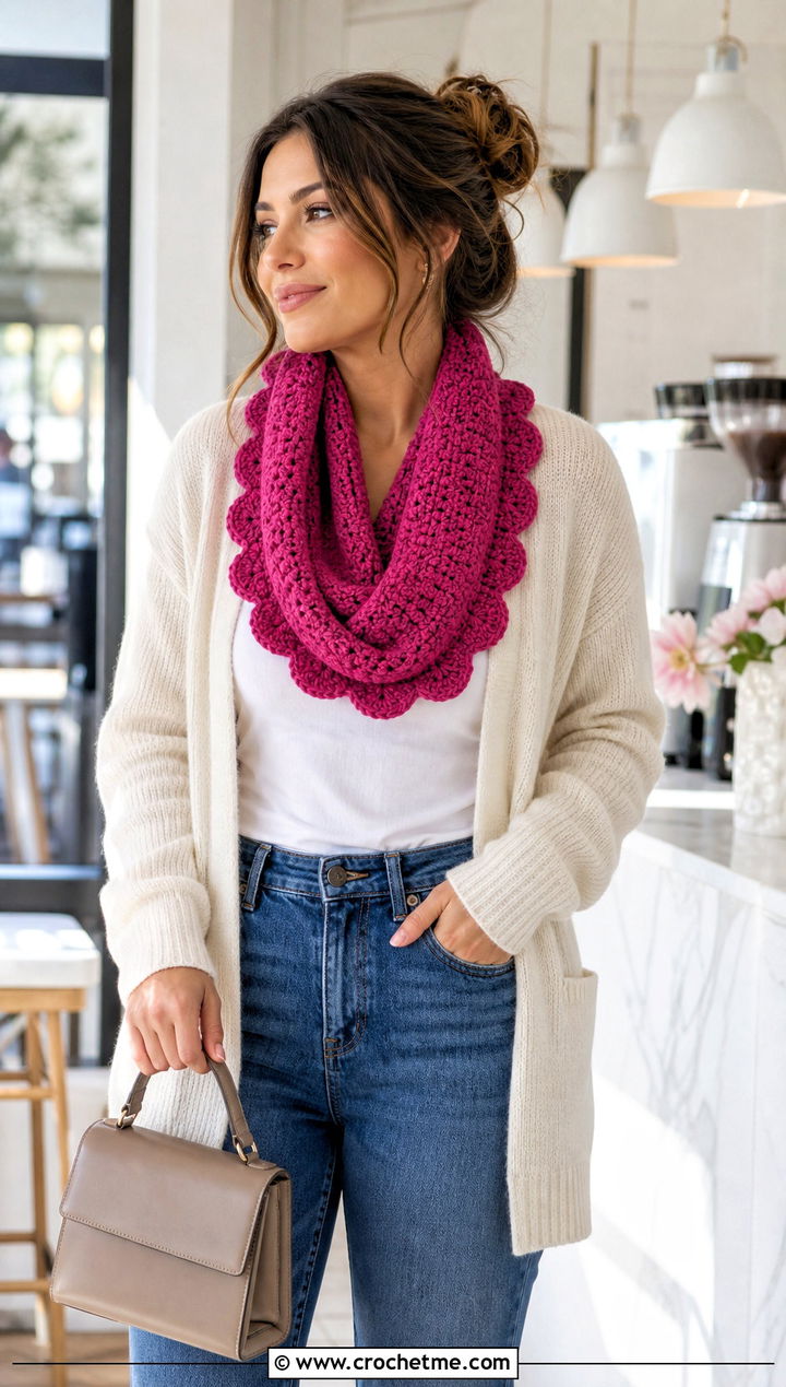 Scalloped Crochet Infinity Scarf With Cardigan - 25 infinite crochet scarf outfit ideas