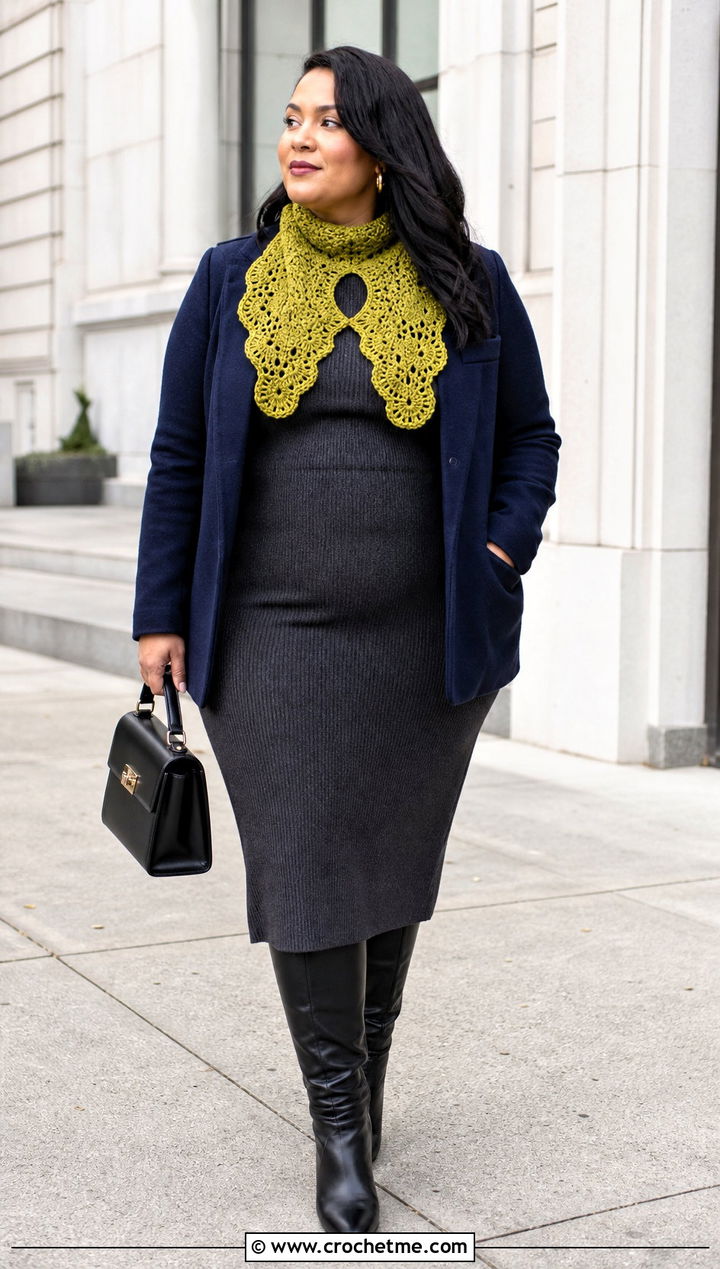 Scalloped Crochet Keyhole Scarf With Knit Dress - 35 crochet keyhole scarf outfit ideas