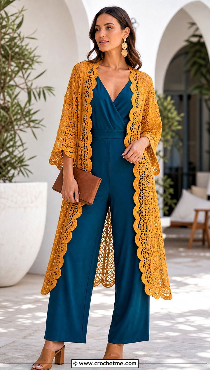 Scalloped Crochet Kimono With Jumpsuit - 25 easy crochet kimono outfit ideas