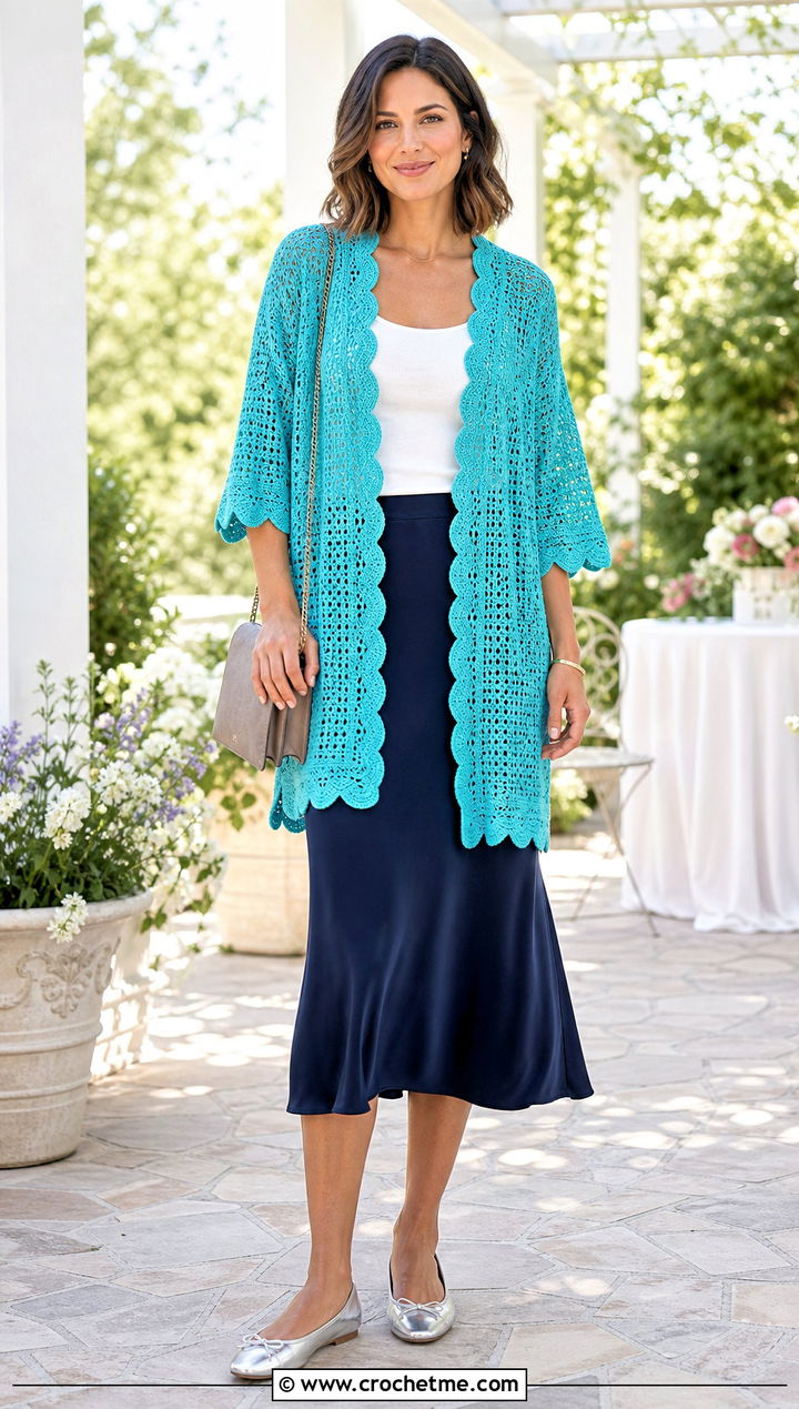 Scalloped Crochet Kimono With Midi Skirt And Ballet Flats - 30 Boho Crochet Kimono outfit ideas