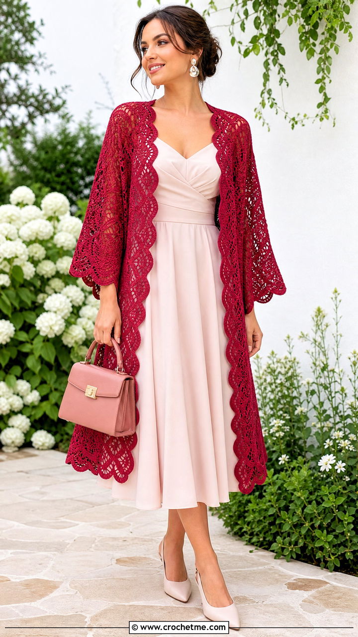 Scalloped Crochet Kimono With Tea Length Dress - 35 crochet kimono outfit ideas
