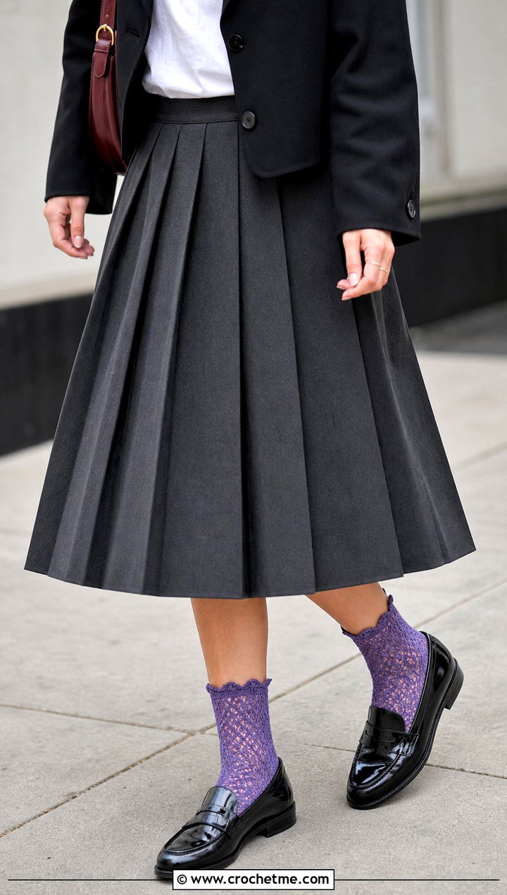Scalloped Crochet Lace Ankle Socks With Loafers And Pleated Skirt - 25 Crochet Lace Socks outfit ideas
