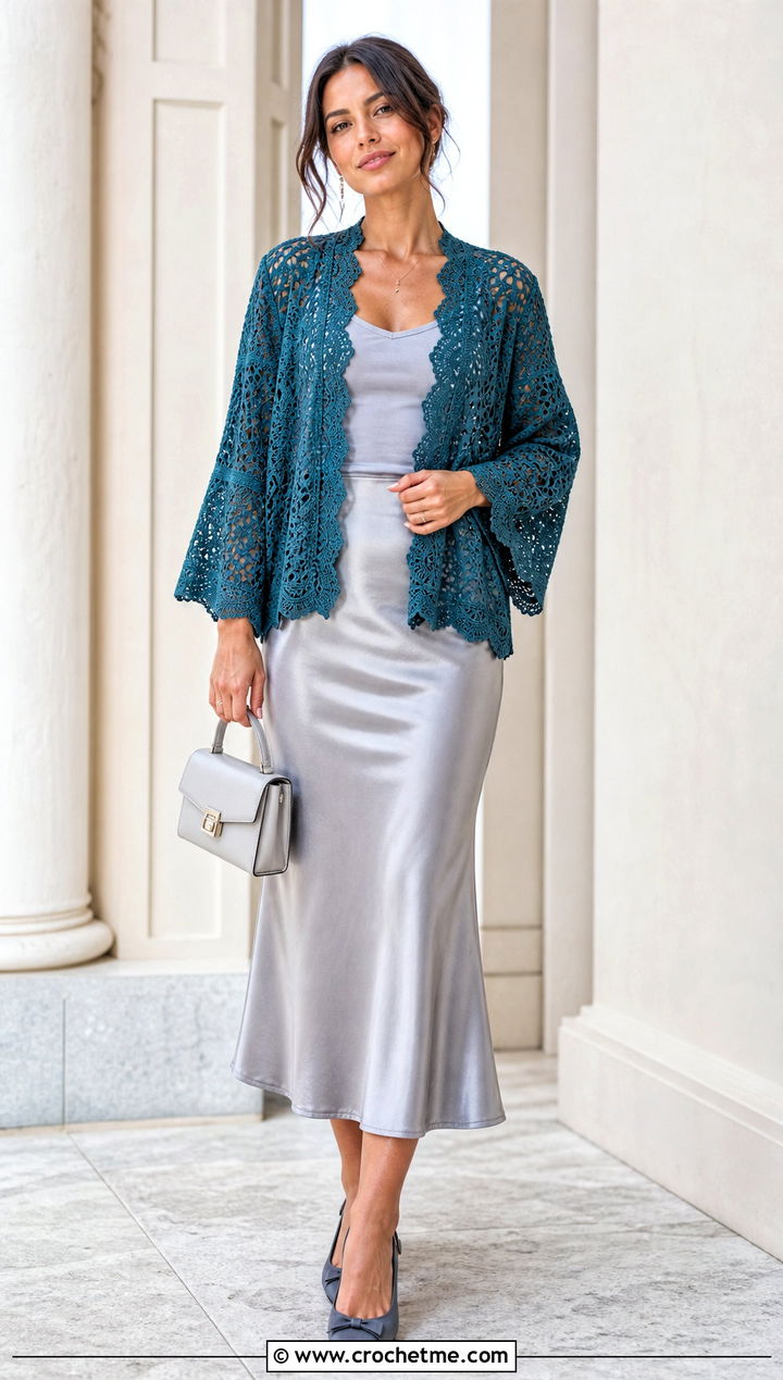 Scalloped Crochet Lace Kimono With Satin Midi Skirt - 25 crochet lace kimono outfit ideas