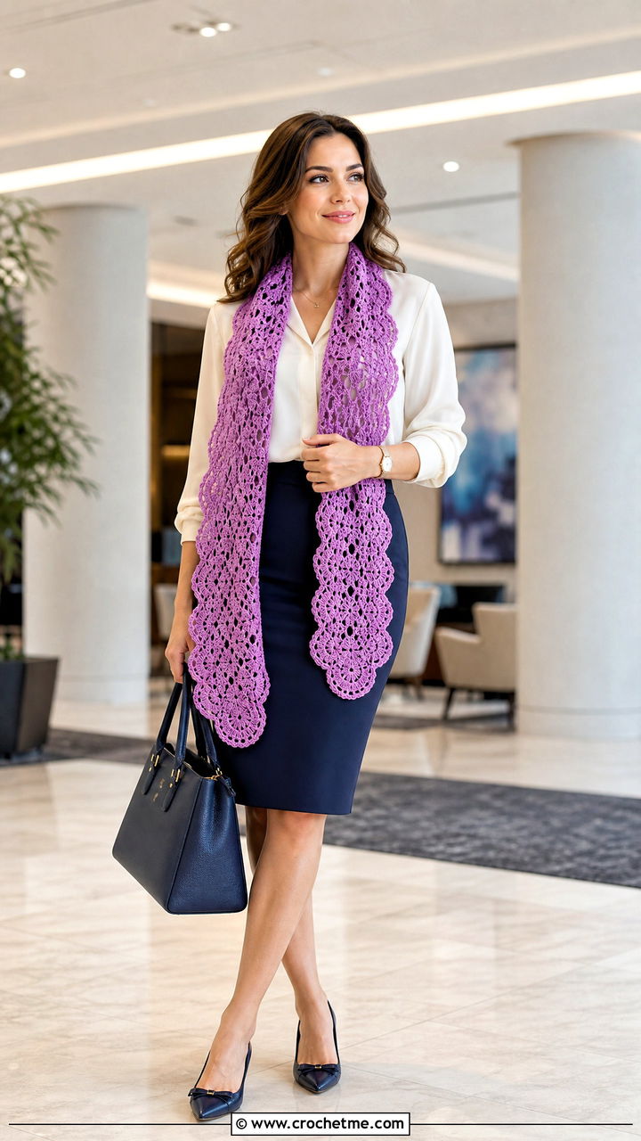 Scalloped Crochet Lace Scarf With Blouse And Pencil Skirt - 35 crochet lace scarf outfit ideas