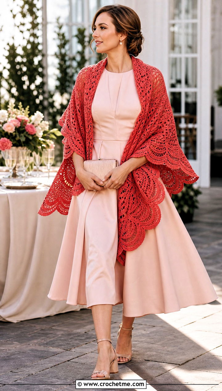 Scalloped Crochet Lace Shawl With A Tea Length Dress - 30 easy crochet lace shawl outfit ideas