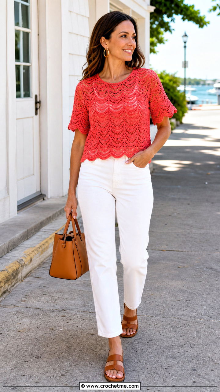 Scalloped Crochet Lace Top With White Jeans - 35 crochet lace top outfit ideas