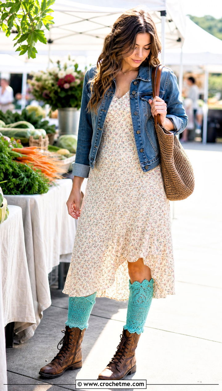 Scalloped Crochet Leg Warmers With Floral Midi Dress - 30 cute crochet leg warmers outfit ideas