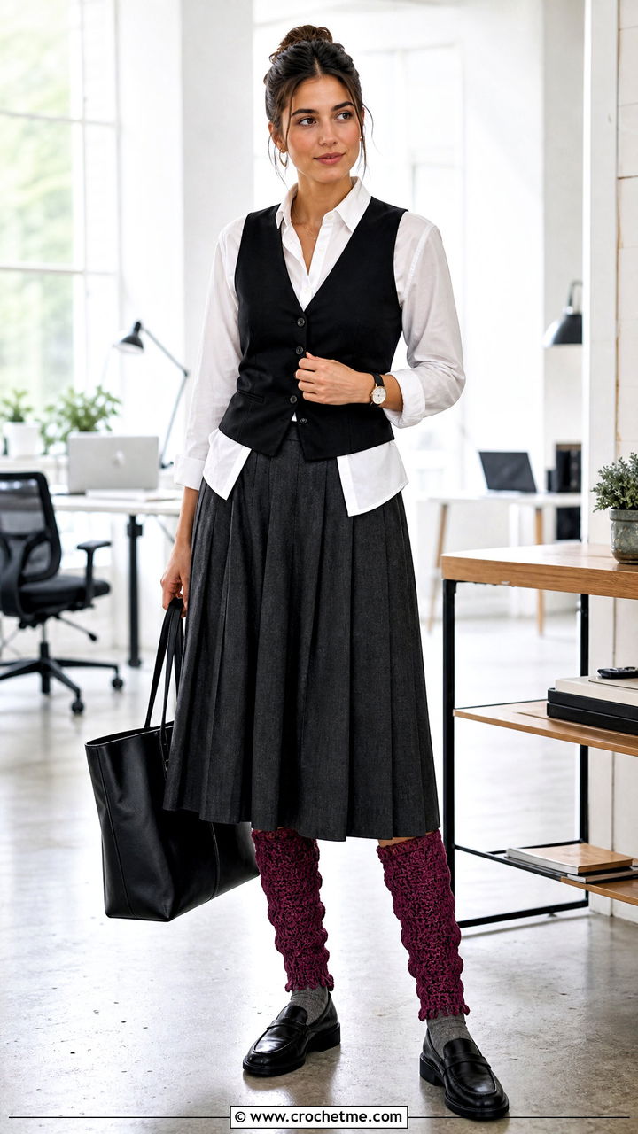 Scalloped Crochet Legwarmers With Midi Skirt And Loafers - 35 crochet legwarmers outfit ideas