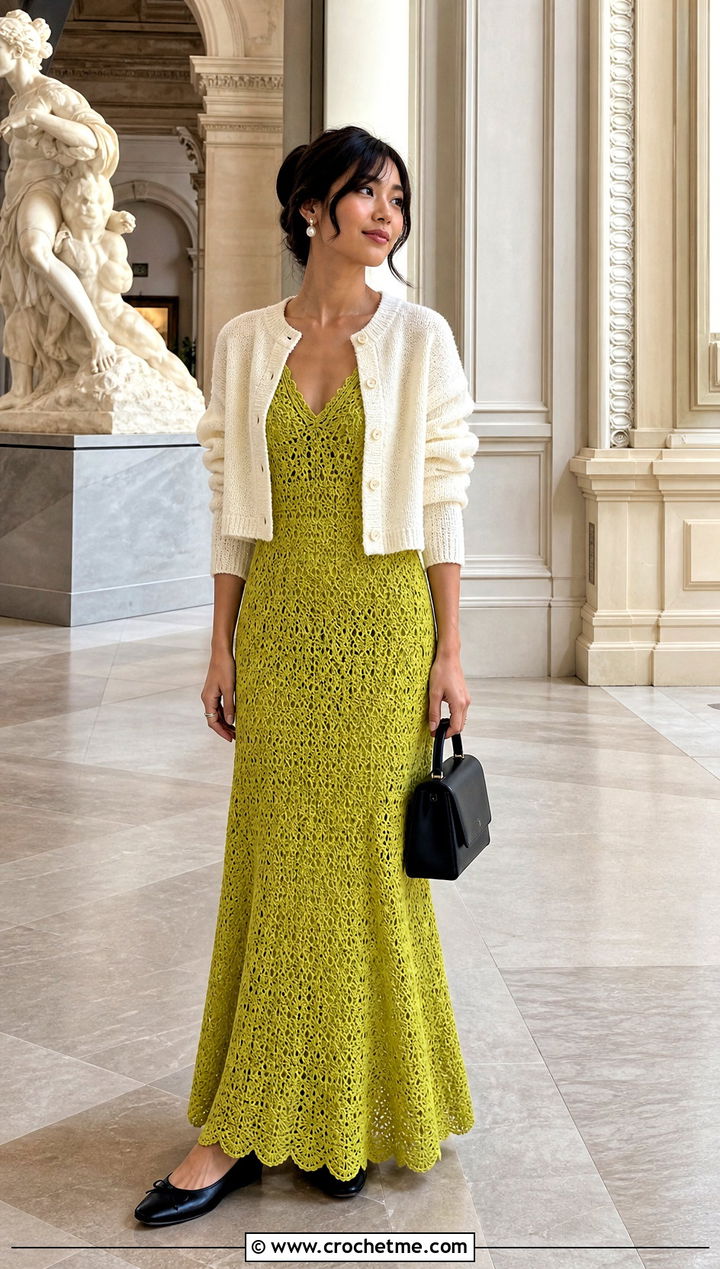 Scalloped Crochet Long Dress With Ballet Flats - 25 Crochet Long Dresses outfit ideas