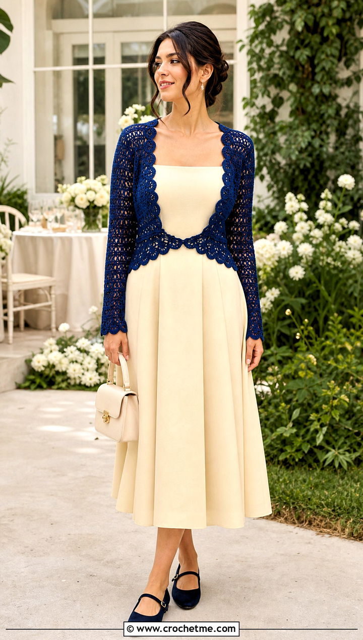 Scalloped Crochet Long Sleeve Shrug With Square Neck Dress - 30 crochet long sleeve shrug outfit ideas