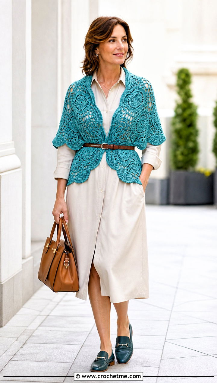 Scalloped Crochet Mandala Shawl With Shirt Dress - 25 Crochet Mandala Shawl outfit ideas