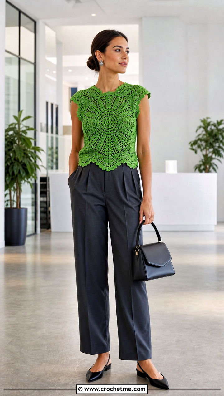 Scalloped Crochet Mandala Top With Pleated Trousers - 35 crochet mandala top outfit ideas