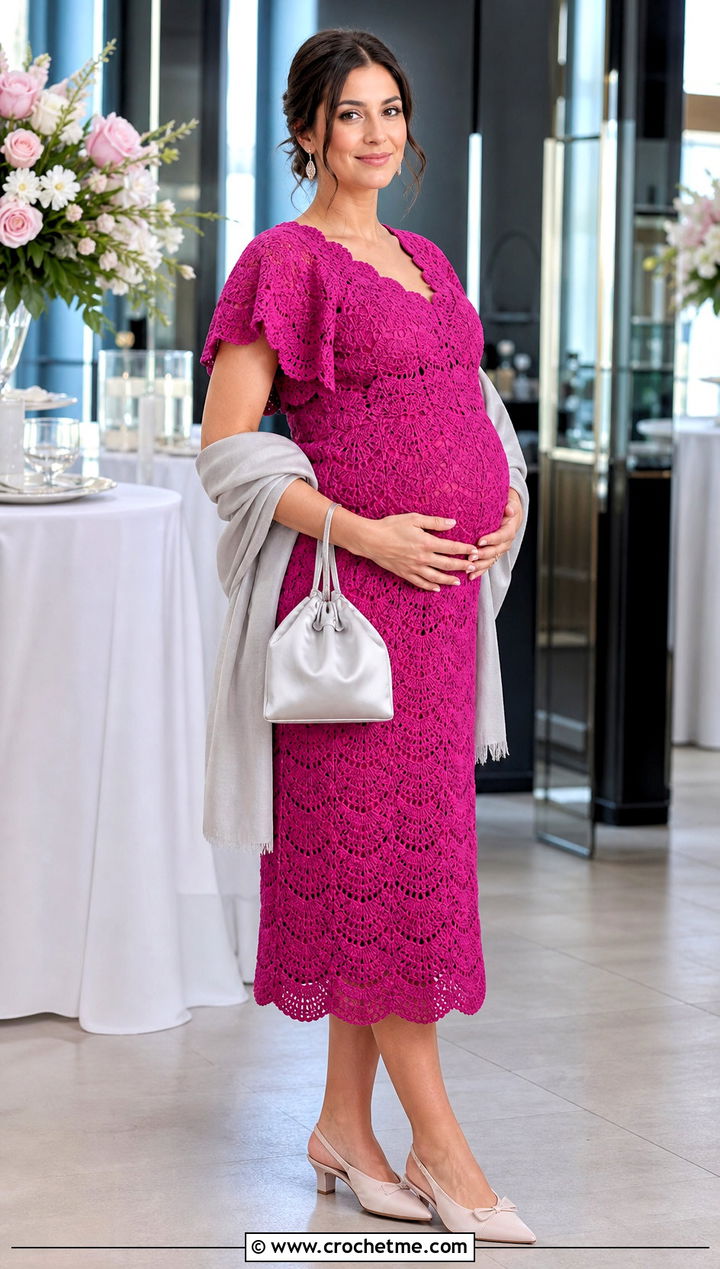 Scalloped Crochet Maternity Midi Dress With Slingback Shoes - 25 crochet maternity dress outfit ideas