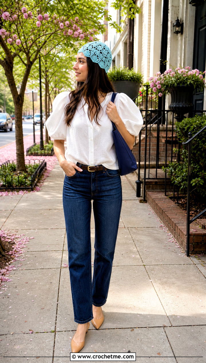 Scalloped Crochet Mesh Cap With Puff Sleeve Blouse And Jeans - 30 Crochet Mesh Cap outfit ideas